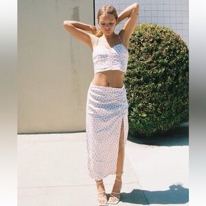 Zara floral printed ruched satin midi skirt white purple XS